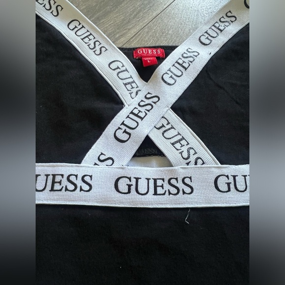 Guess black bodysuit with contrasting white logo straps and keyhole cutout sz L - Picture 4 of 8